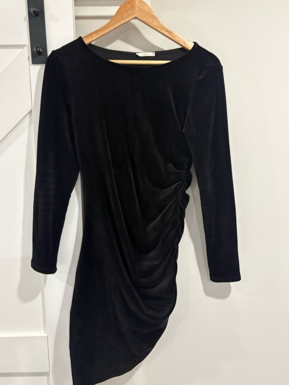 Classic Black Long-Sleeve Ruched Velvet Dress